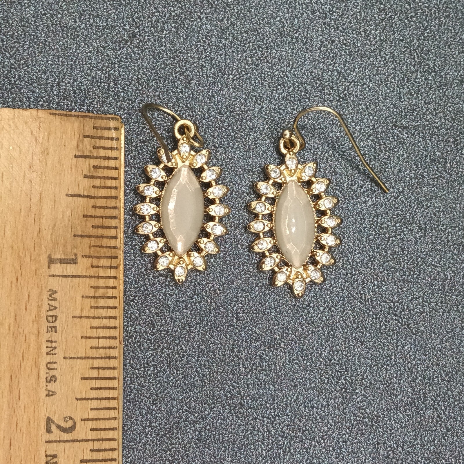 Pierced Earrings Gold tone Acrylic Center Crystal Studded Dangle 1"