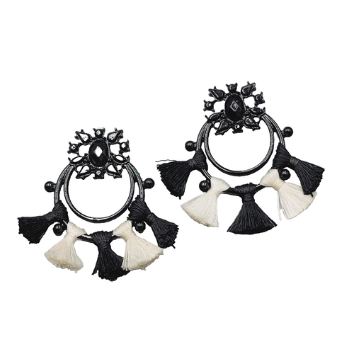 Black White Tassel Statement Pierced Earrings Boho Statement Drop Enamel 2"