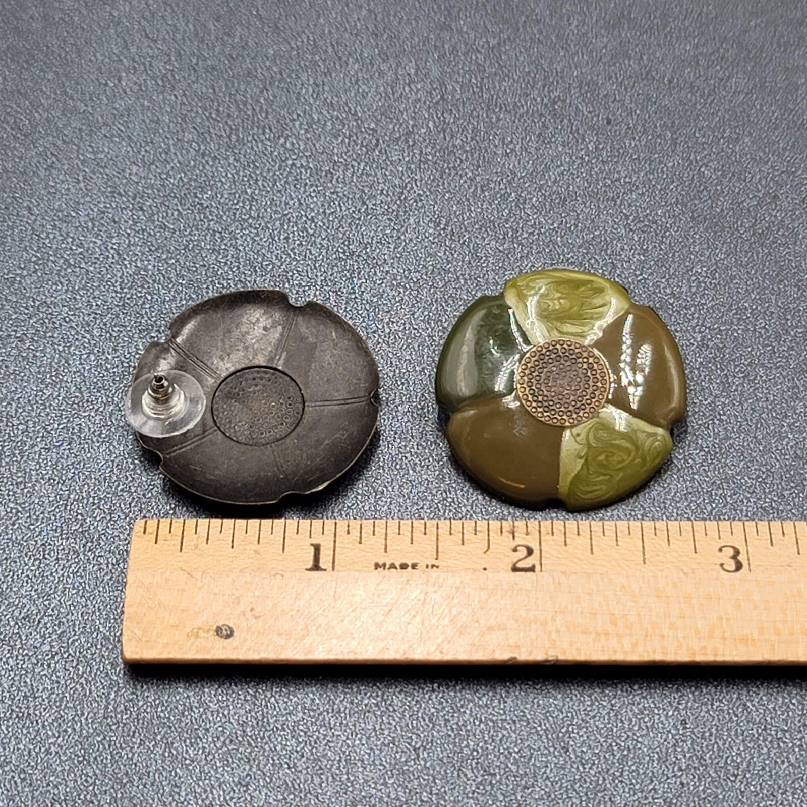 Flower Pierced Earrings Green Enamel Bronze tone Drop 1.25"