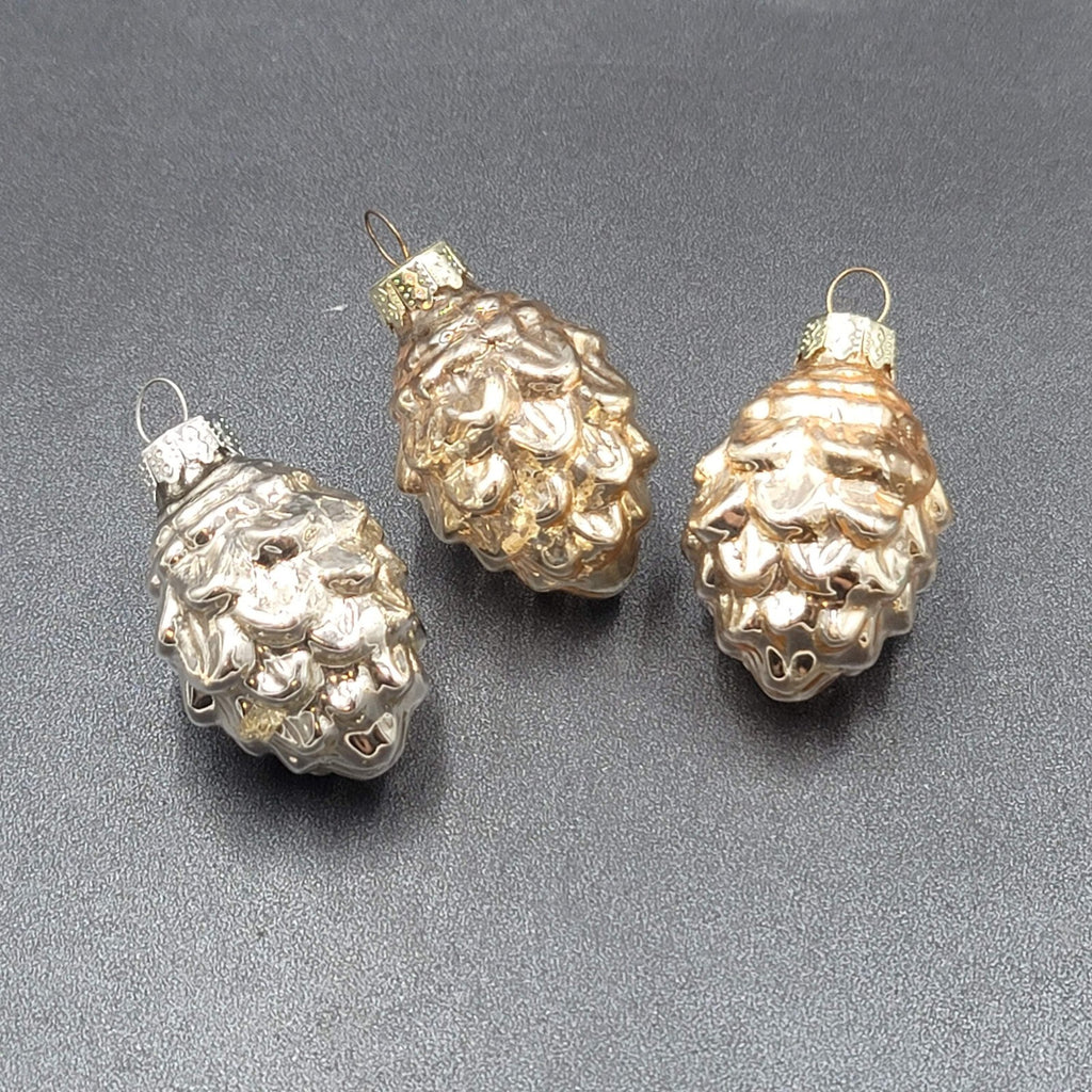 Lot of 3 Blown Glass Christmas Ornaments Silver Small  Pinecones 2"