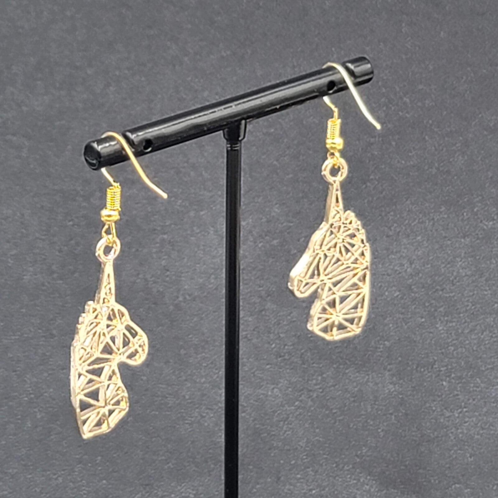 Unicorn Pierced Earrings Gold tone Open Geometric Dangle 1 3/8"