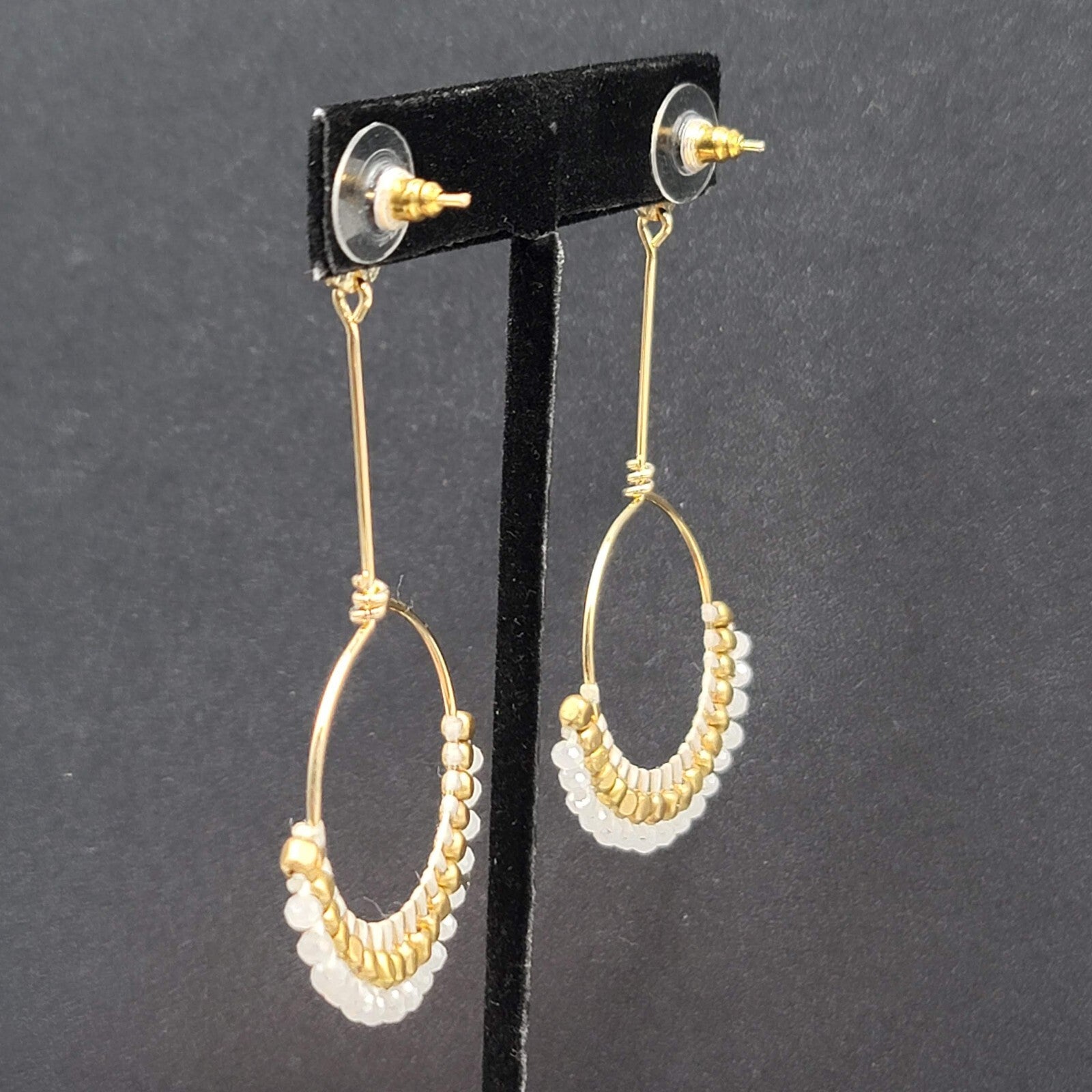 Quartz Stone Bead Pierced Earrings Long Gold tone Dangle 3"