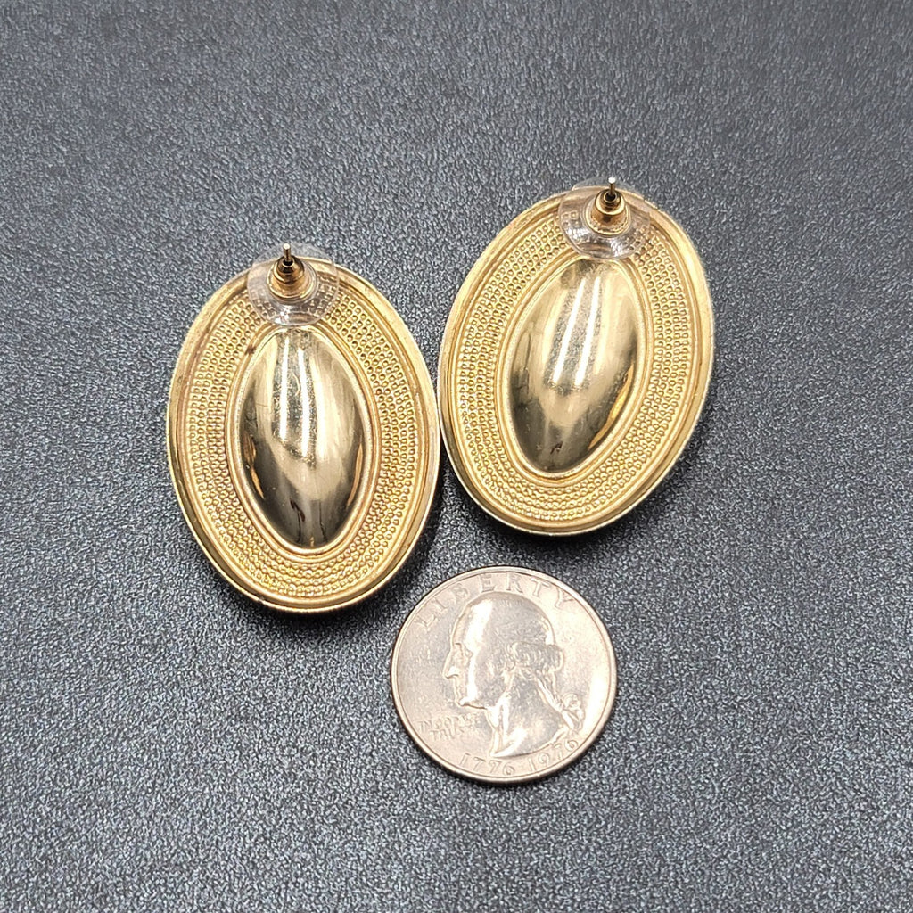 Vintage Pierced Earrings Gold tone Cream Swirl Enamel Long Oval Statement 1.75"