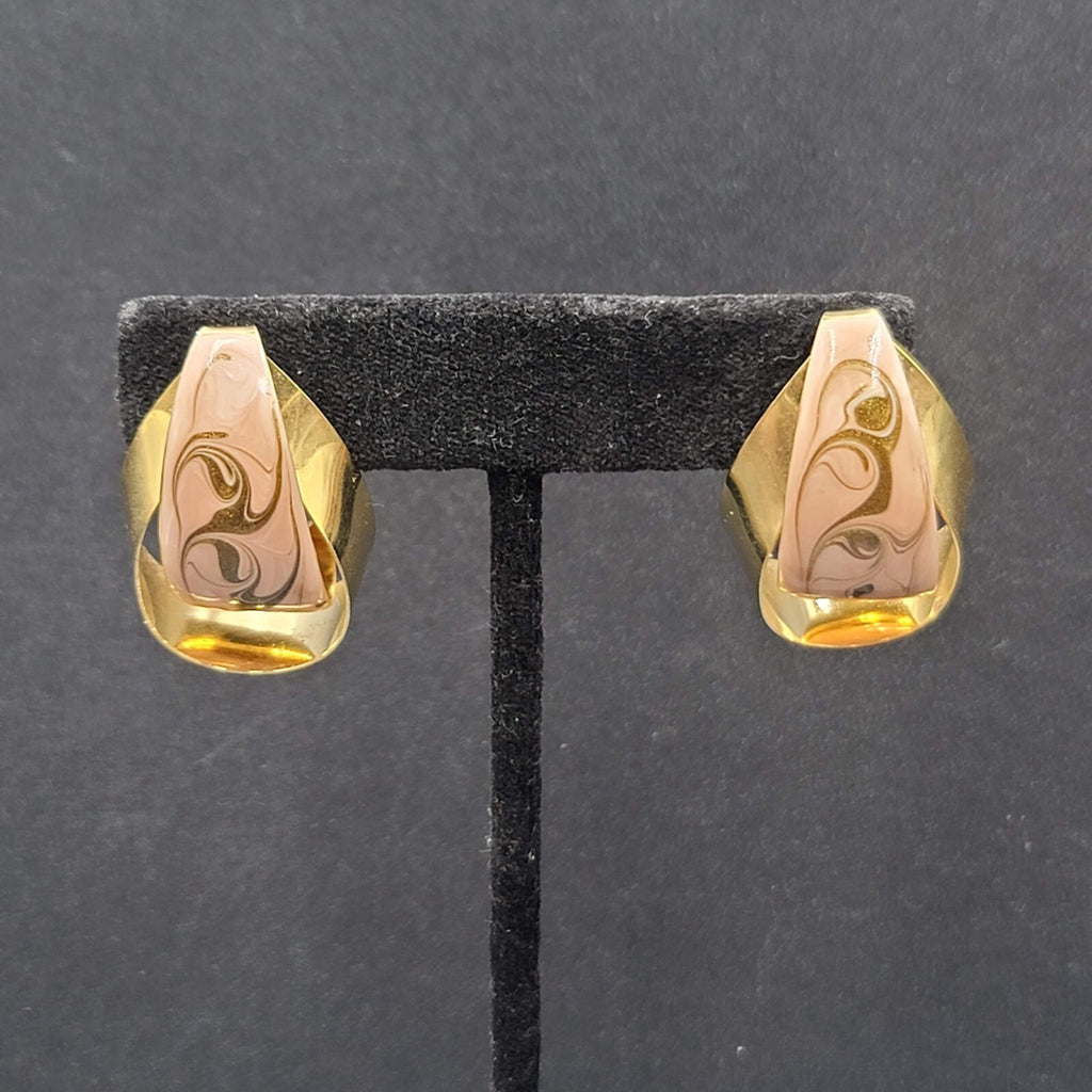 Vintage Pierced Earrings Gold tone Swirl Pink Statement Enamel Drop 1 1/8"