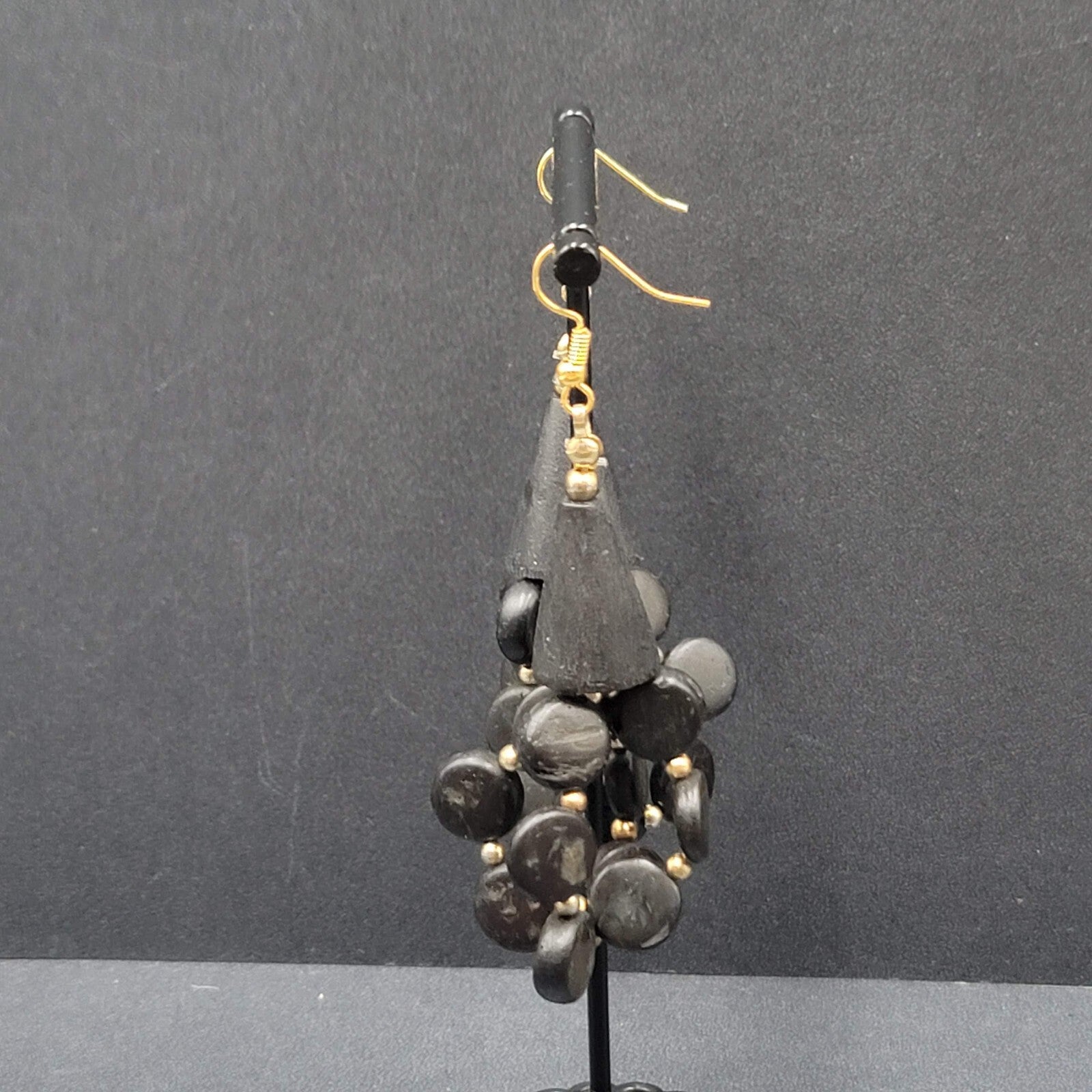 Vintage Pierced Earrings Black Coconut Beaded Statement 2.5"