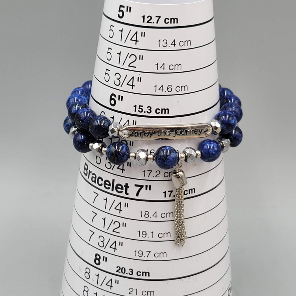ENJOY The Journey Quote Bracelet Blue Beads Silver tone Lot of 2 Elastic