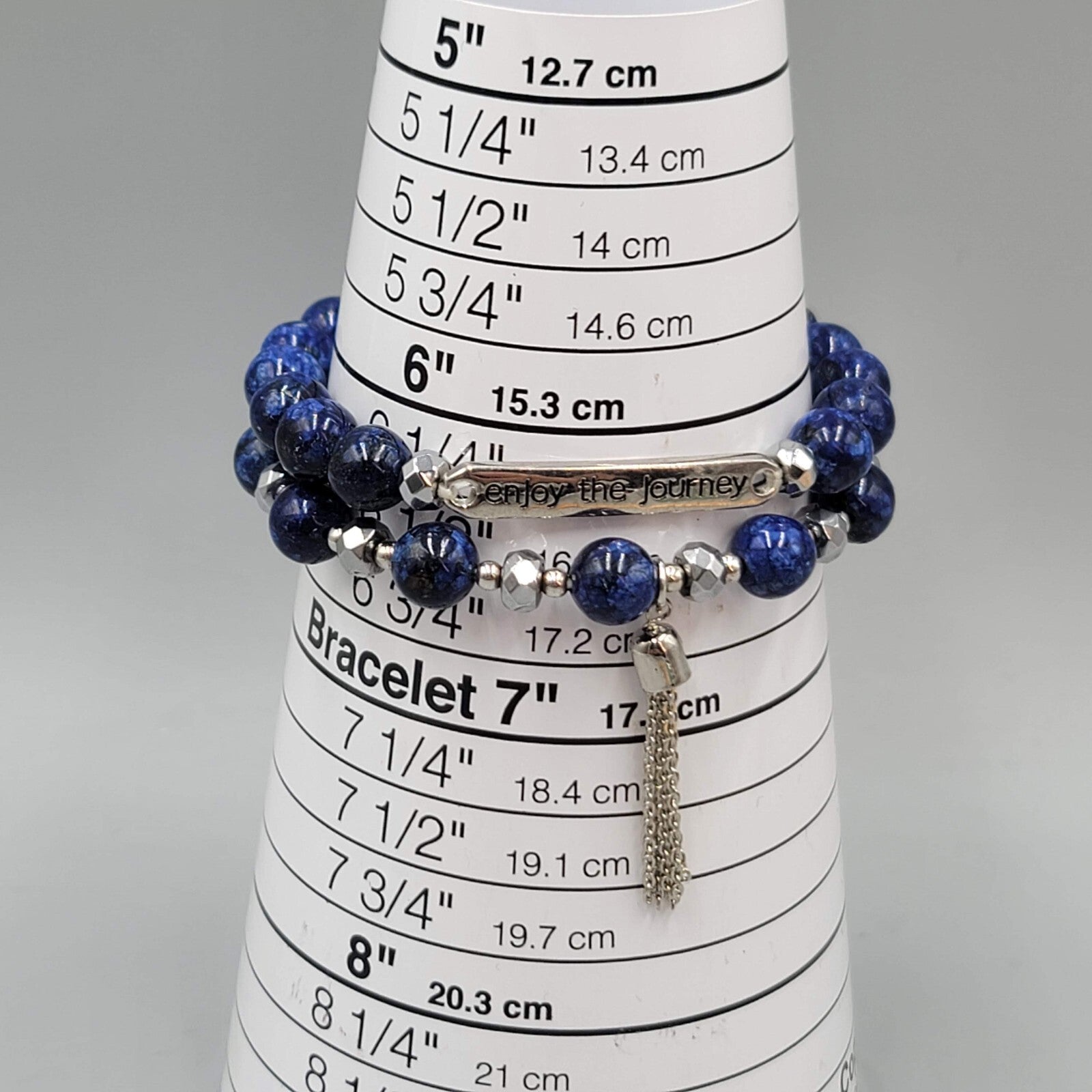 ENJOY The Journey Quote Bracelet Blue Beads Silver tone Lot of 2 Elastic