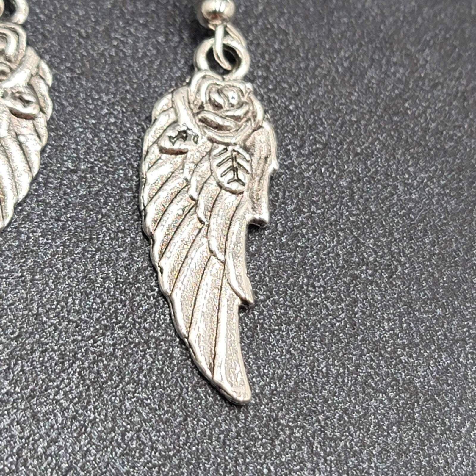 Wings Pierced Earrings Silver tone Rose Dangle 1 1/8"