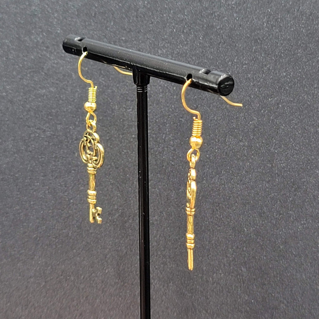 Skeleton Key Pierced Earrings Gold Plated Dangle 1"