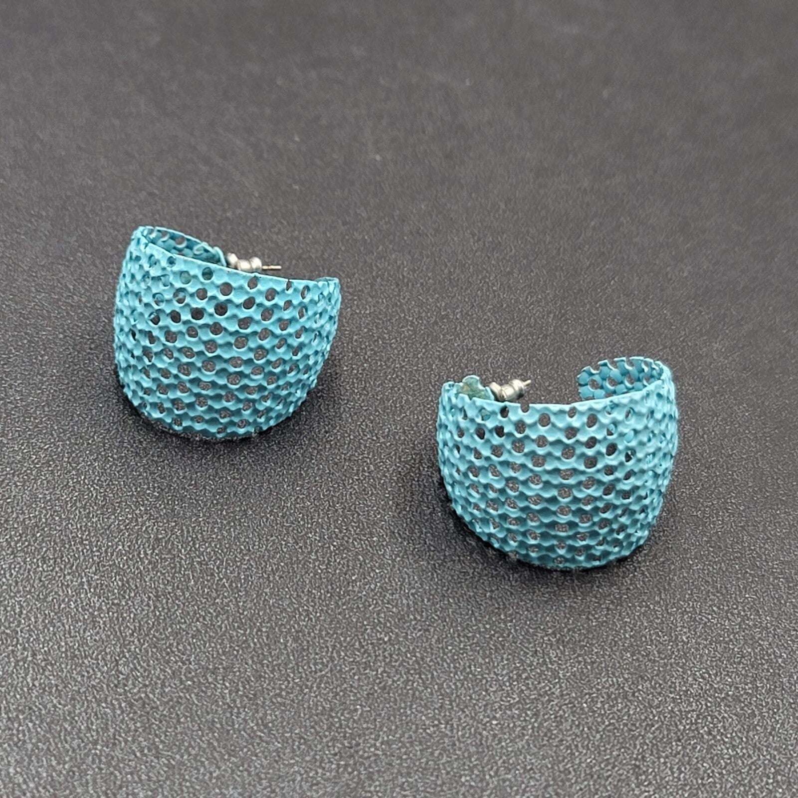 Vintage Pierced Earrings Blue Enamel Mesh Open Work Wide Hoops 1 1/8"