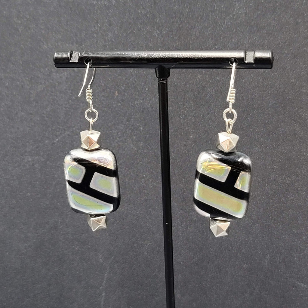 Pierced Earrings Unique Art Glass Beads Iridescent Rectangles 1 3/8"