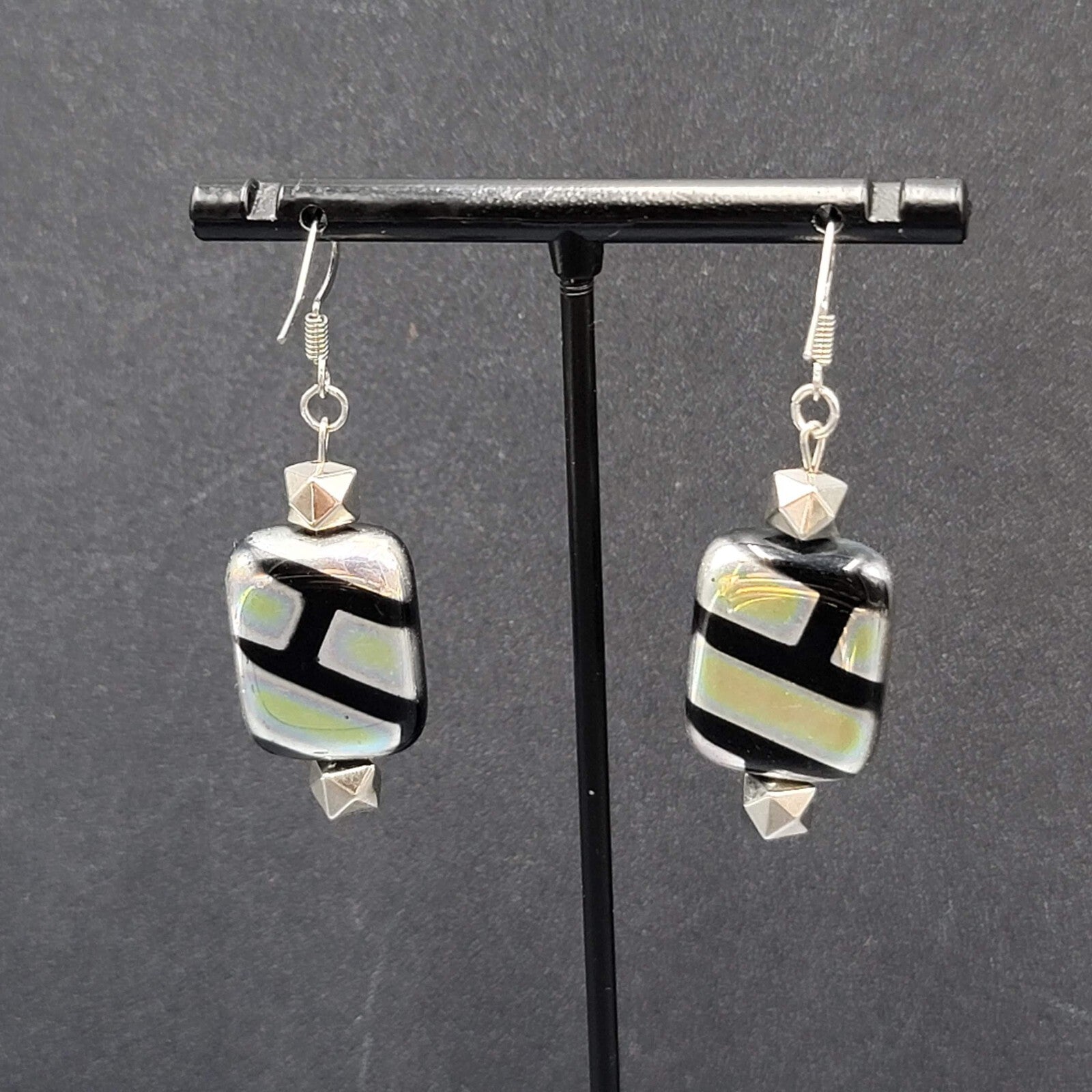 Pierced Earrings Unique Art Glass Beads Iridescent Rectangles 1 3/8"