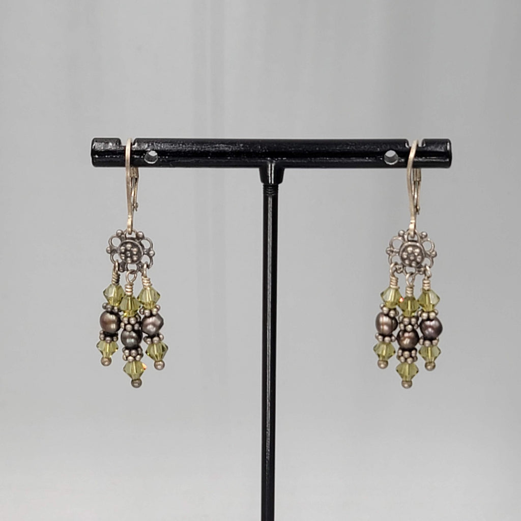Pearl and Green Bead Sterling Silver Pierced Earrings Dangle 1 1/8 in 925