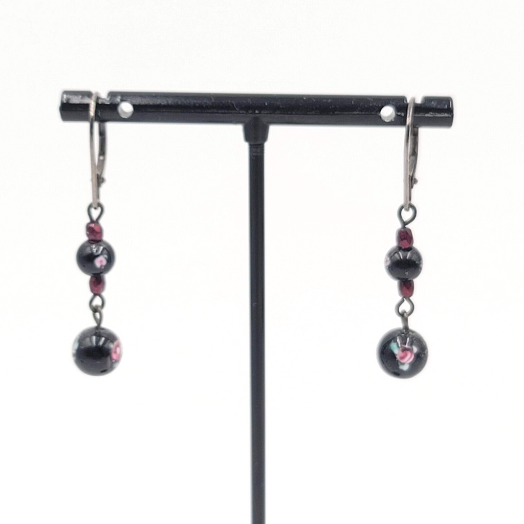 Pierced Earrings Black Metal Flower Glass Bead Dangle 1"