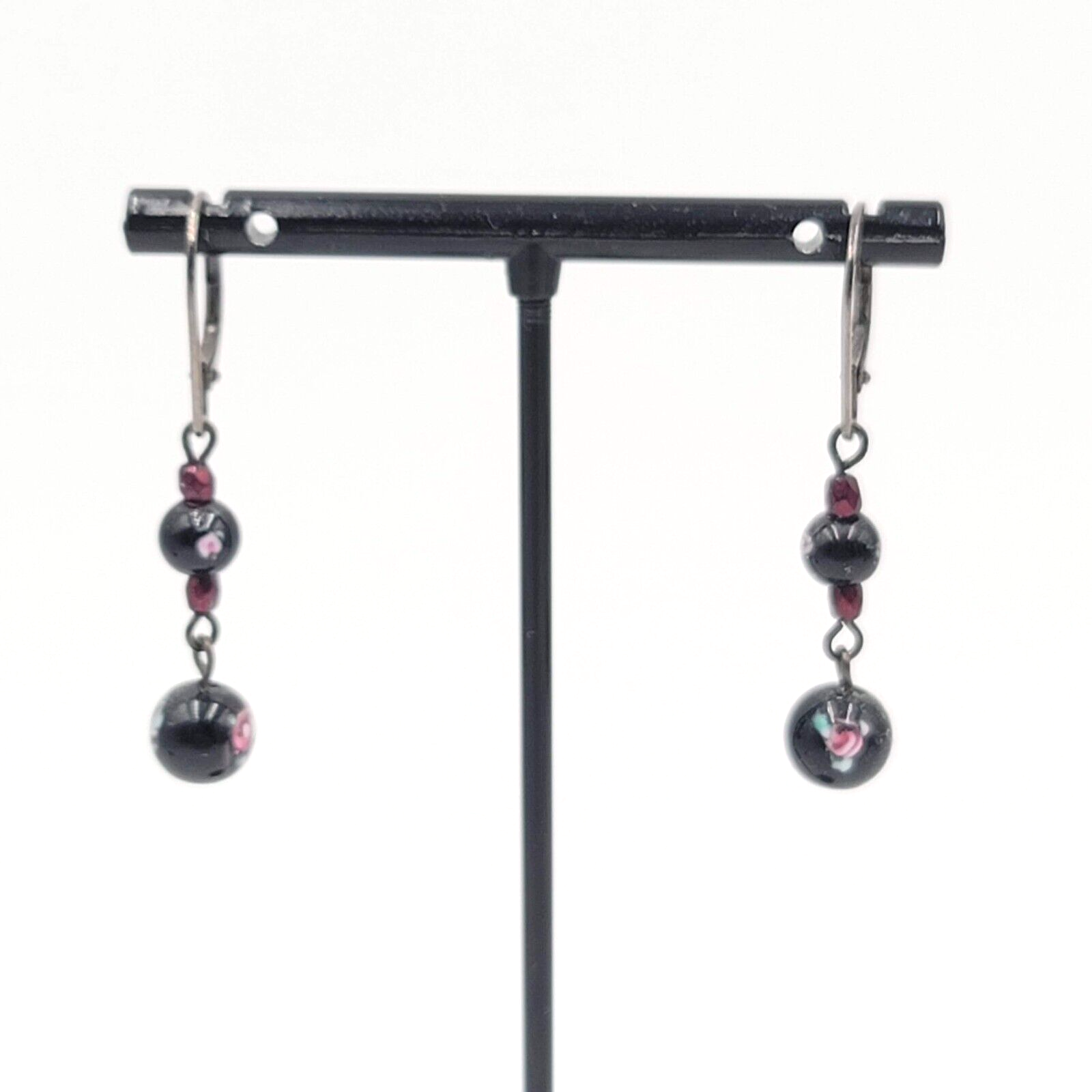 Pierced Earrings Black Metal Flower Glass Bead Dangle 1"