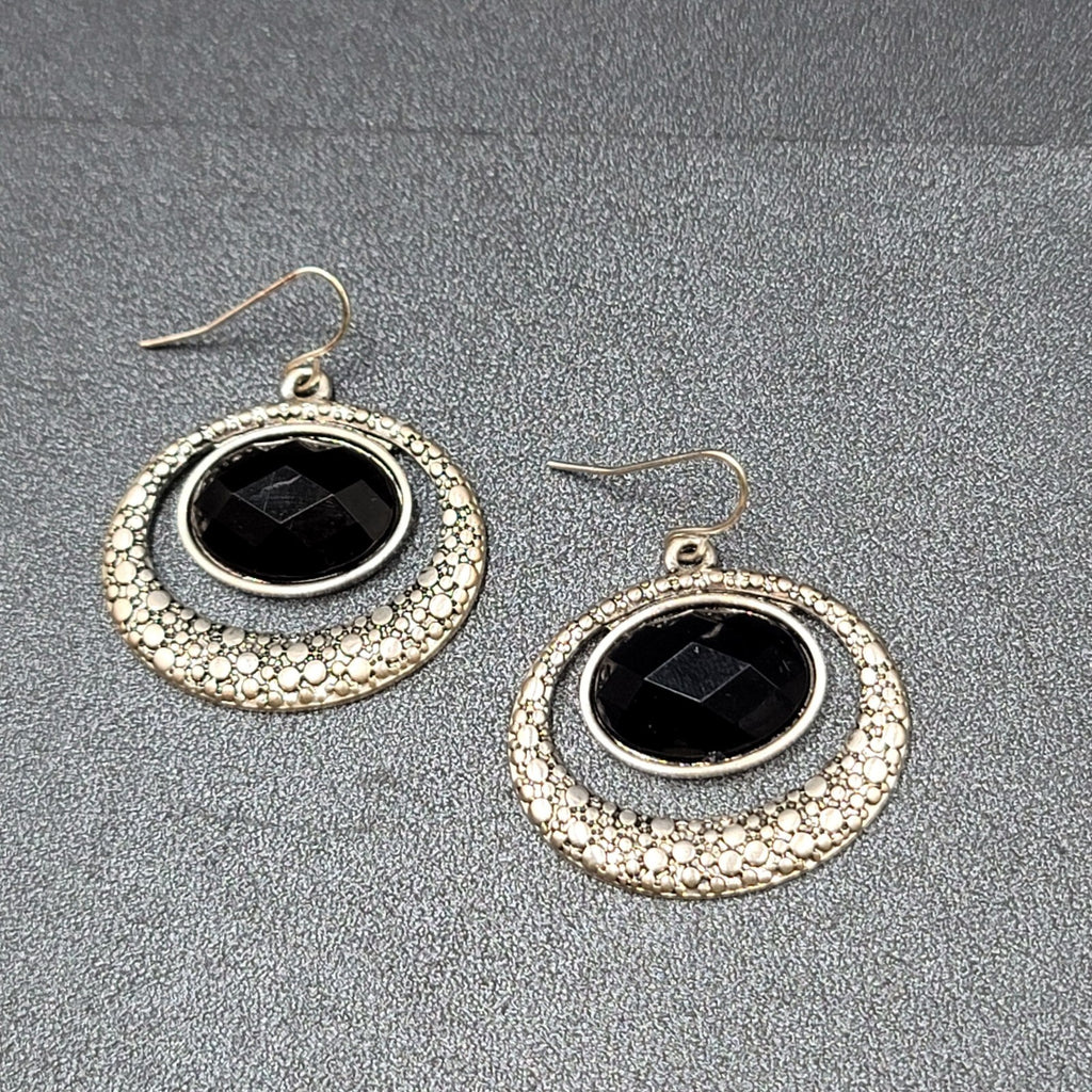 Pierced Earrings Silver tone Black Center Oval Dangle 1.25"