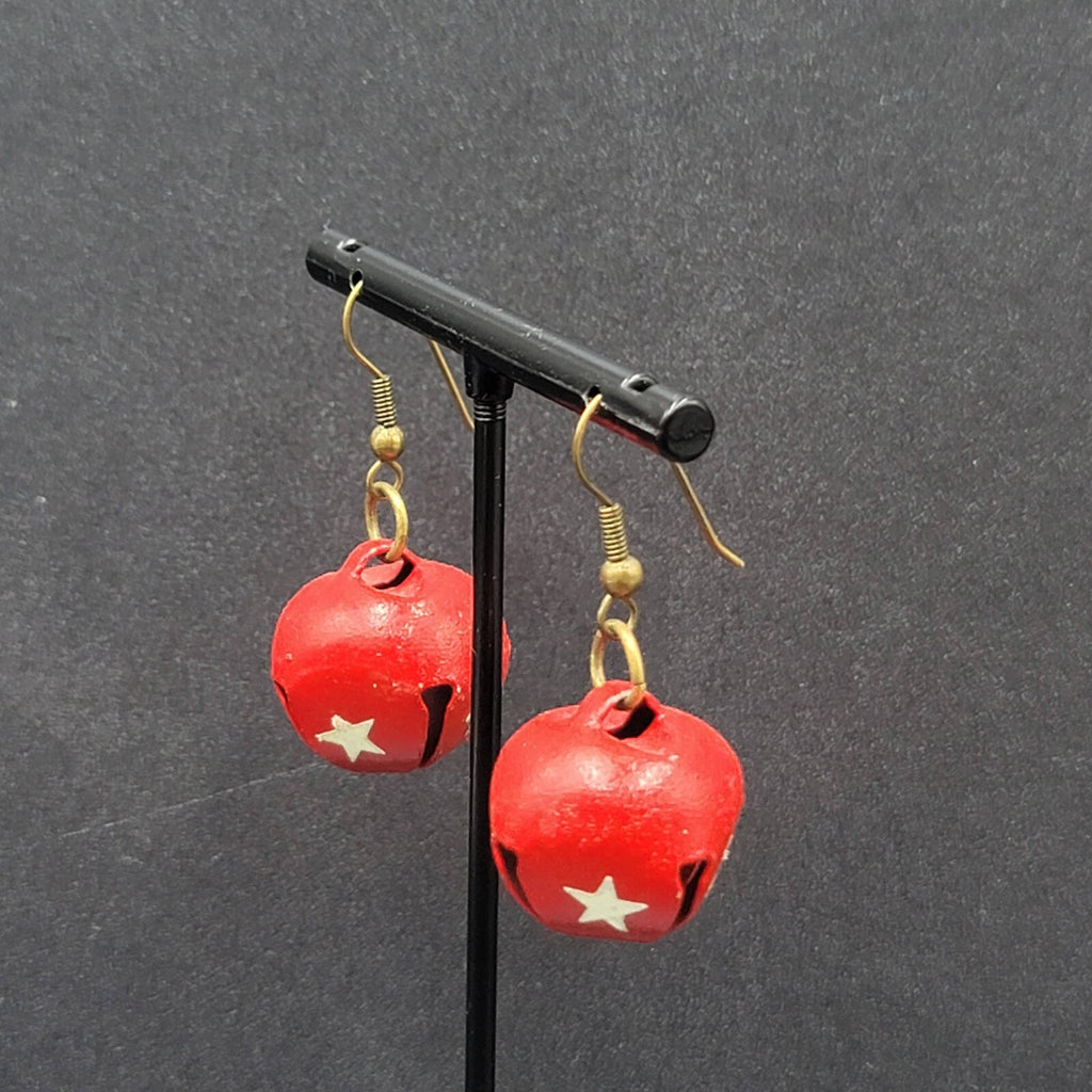 Christmas Pierced Earrings Gold Star Red Painted Jingle Bells 3/4"