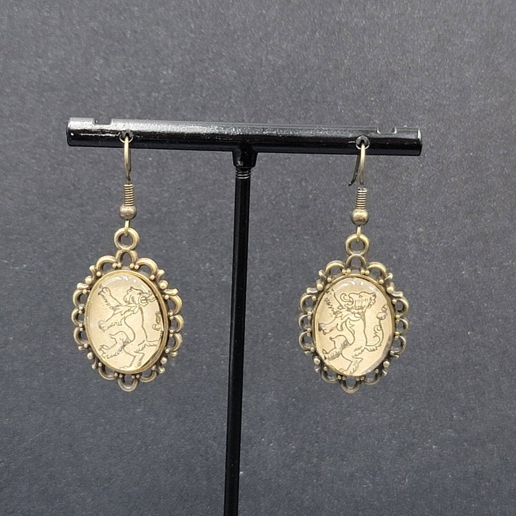 Lions Pierced Earrings Bronze tone Glass Cabochon Dangle 1.25"