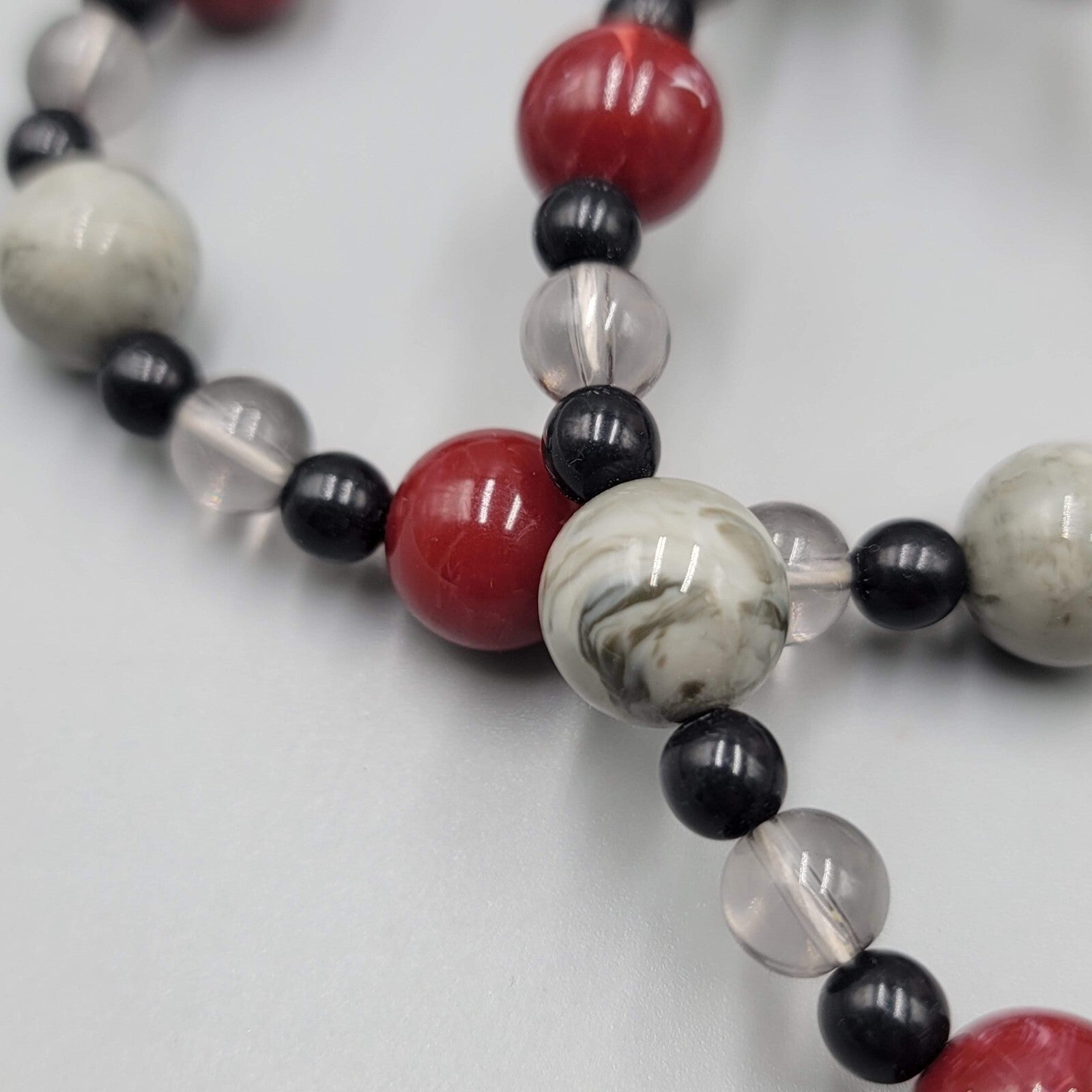 Vintage Monet Necklace Black Grey Red Plastic Beads LONG 34"