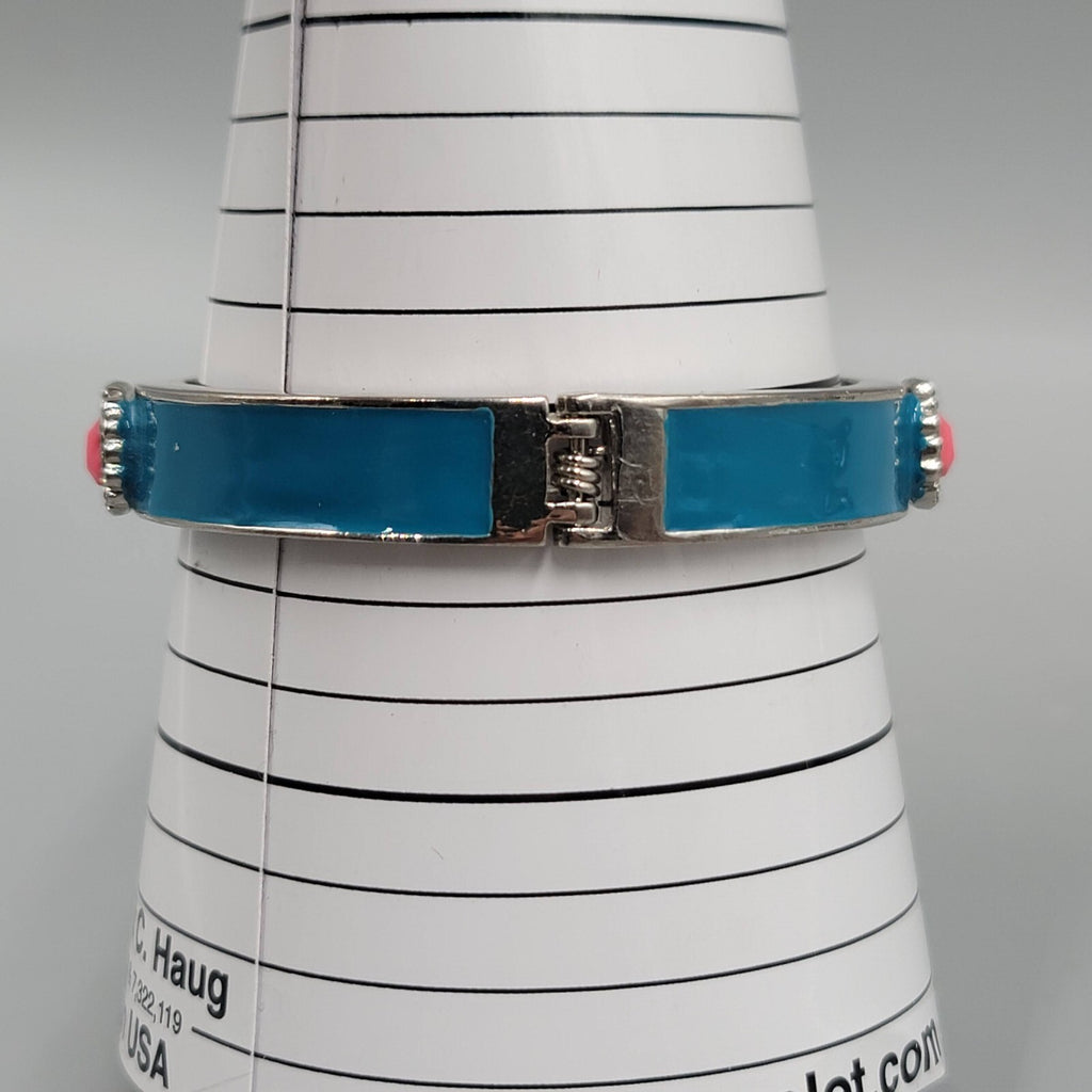 Hinged Bangle Bracelet Silver tone Blue Enamel Pink Accent 7.25"