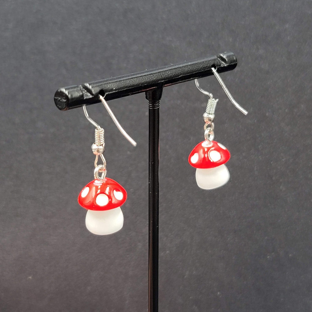 Pierced Earrings Red White Polka Dot Mushroom Dangle Cute 1/2"