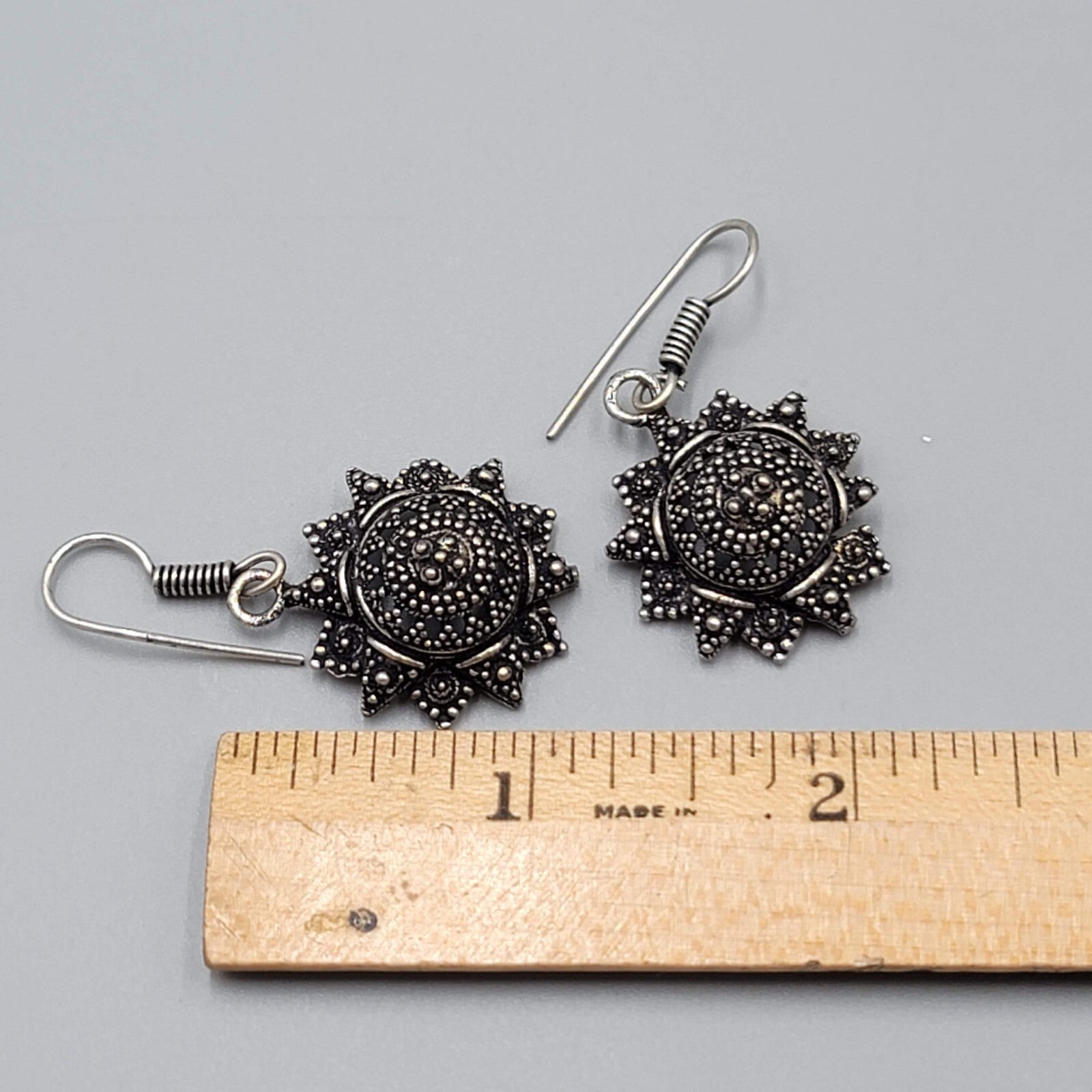 Oxidized Silver tone Pierced Earrings Boho Ethnic Ornate Dangle 1"