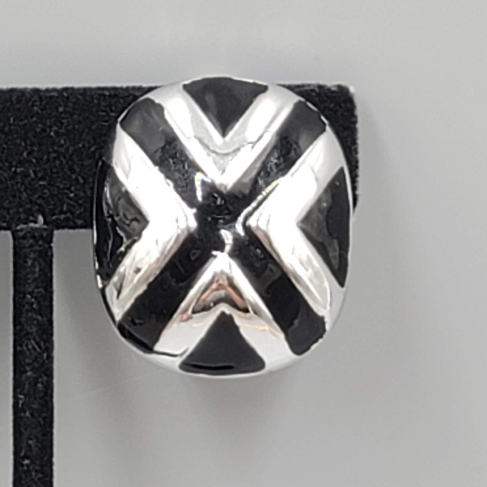 Vintage Large Statement Clip on Earrings Silver Plated Black Enamel Drop 1 1/8"