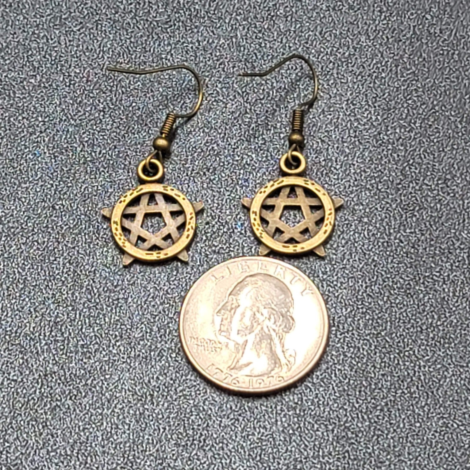 New Pentagram Circle Pierced Earrings Bronze tone Dangle 3/4"