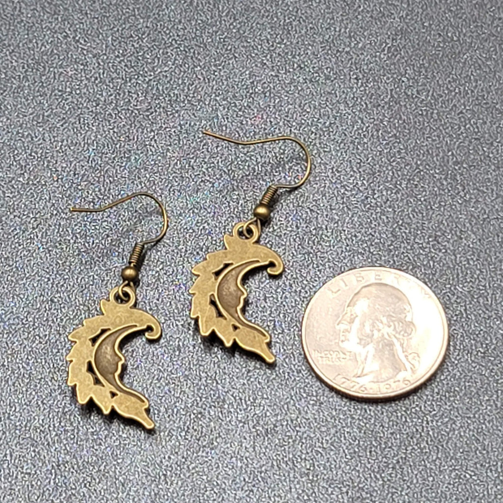 New Moon Face Pierced Earrings Bronze tone Dangle Embossed 1"