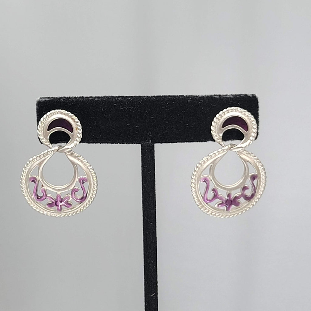 Purple Black Enamel Pierced Earrings Silver tone Dangle  1.25"
