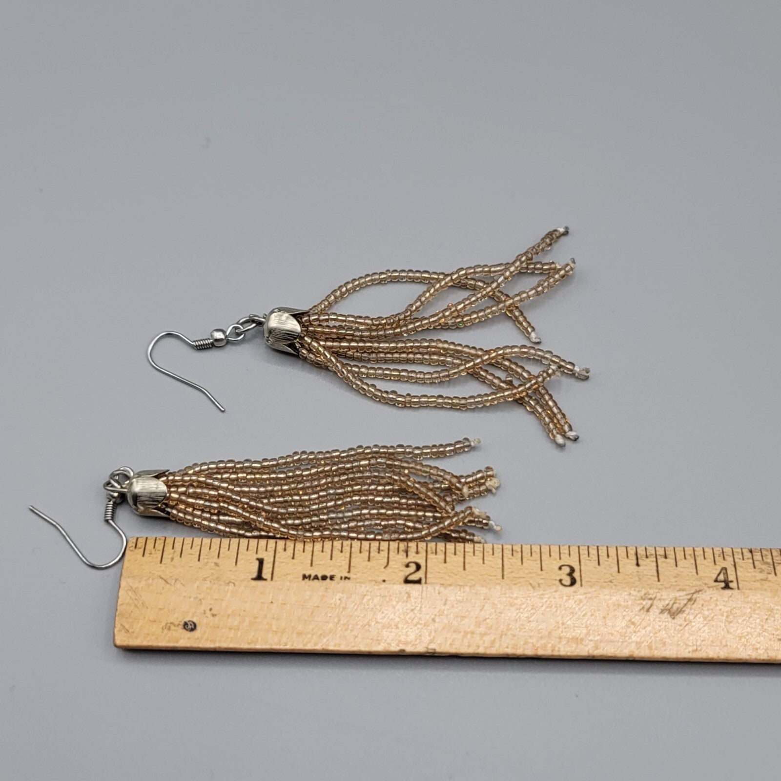 Tassel Pierced Earrings Silver tone Clear Tan Seed Bead Dangle 2.75"