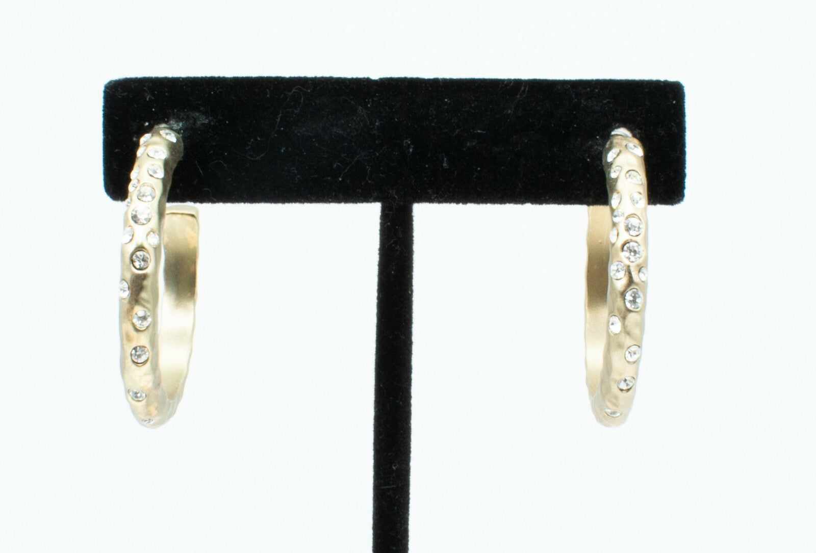 Vintage Pierced Earrings Textured Goldtone Rhinestone Hoops Costume  1"
