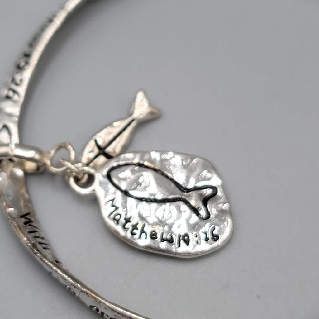 Matthew 19 Scripture Bangle Charm Bracelet Silver tone Fish Charm