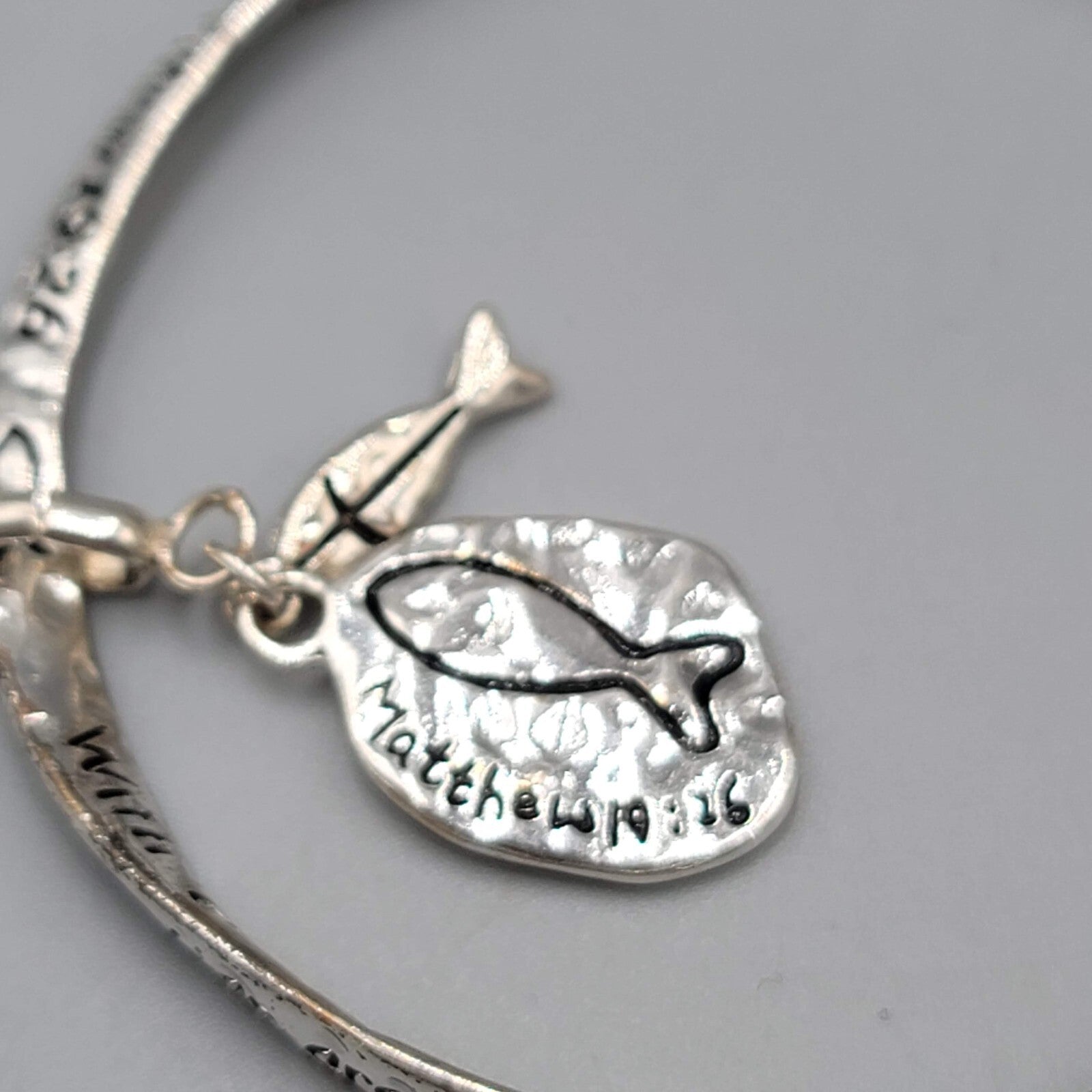 Matthew 19 Scripture Bangle Charm Bracelet Silver tone Fish Charm
