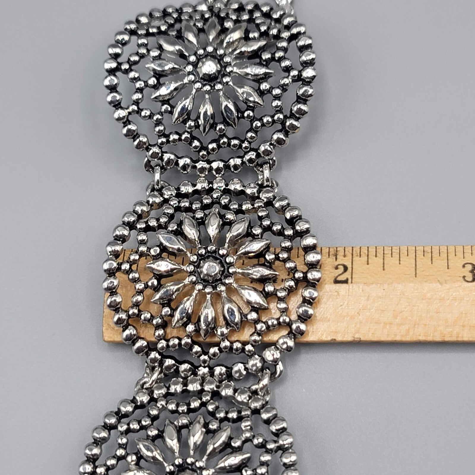 Large Boho Statement Bracelet Dark Silver tone Open Work Toggle 7"