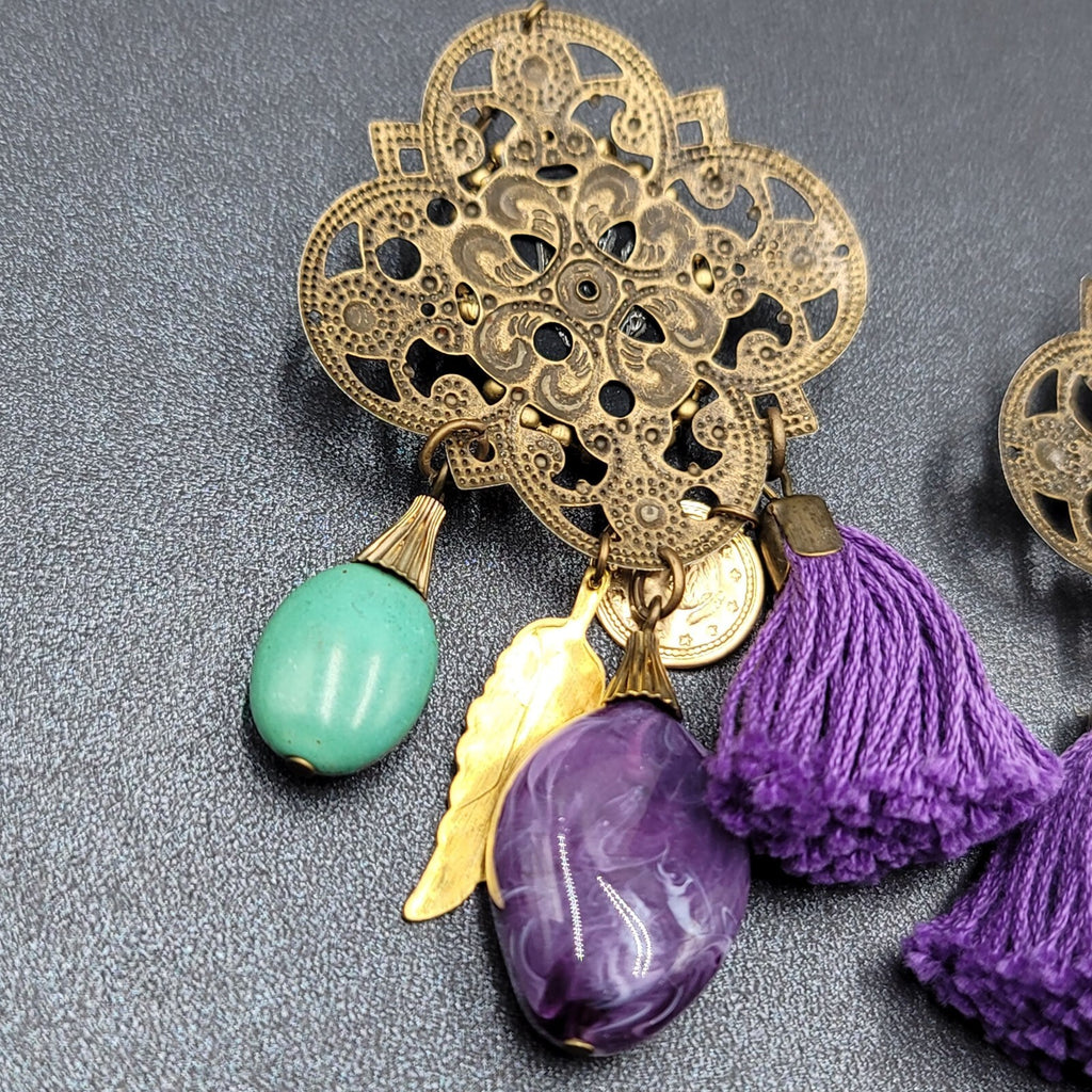Pierced Earrings Large Statement Bronze tone Purple Tassel Boho Charms 3.5"