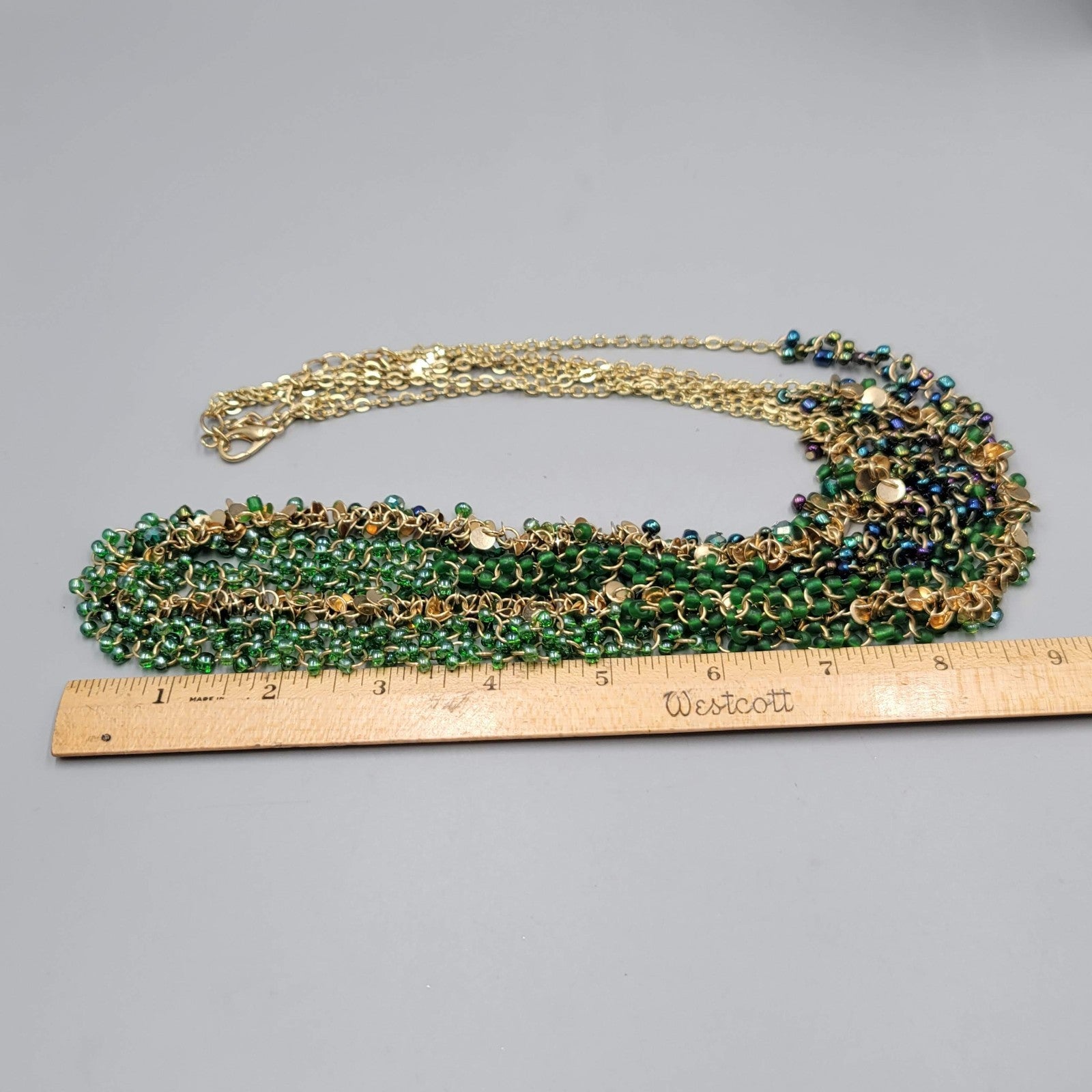 Coldwater Creek Necklace Gold tone Green Glass Beads LONG 36"