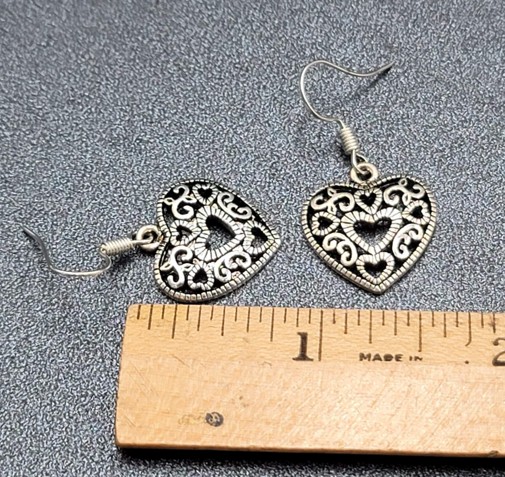 Heart Pierced Earrings Open Work Silver tone Dangle 3/4"