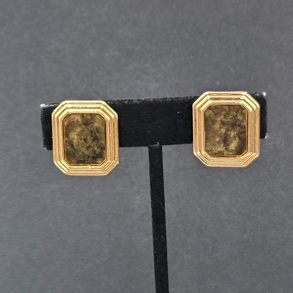 Vintage Avon Clip on Earrings Gold tone Green Marble Design Rectangle 7/8"