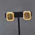Vintage Avon Clip on Earrings Gold tone Green Marble Design Rectangle 7/8"