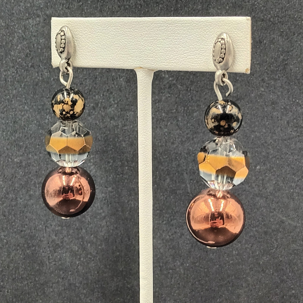 Pierced Earrings Silver tone Acrylic and Glass Bead Dangle 2.25"