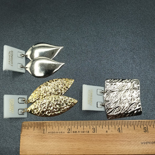 3 Pairs Vintage Pierced Earrings 80s Silver tone Gold tone Dangles NOS