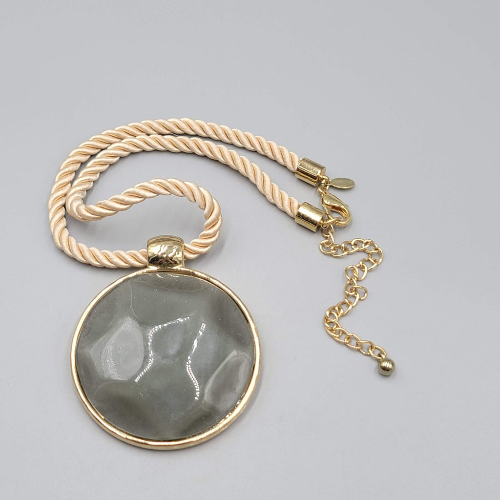 Chicos Necklace Large Molded Gray Resin Round Pendant Cord 18"