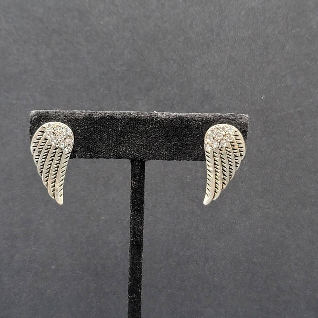 Pierced Earrings Silver tone Wings Crystal Rhinestone Drop 1"