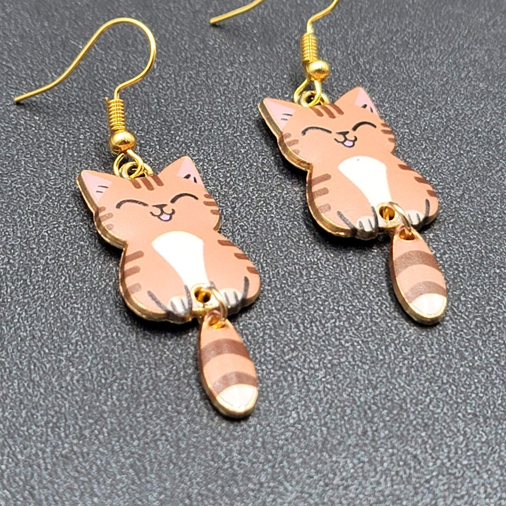 Tabby Kitty Cat Pierced Earrings Gold tone Dangle Tail 1.5"