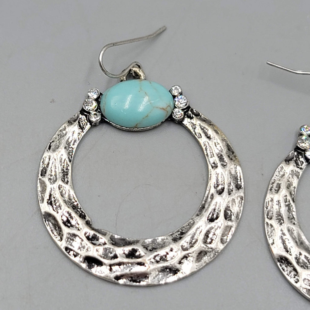Boho Silver tone Pierced Earrings Oxidized Blue Accent Dangle 1.75"