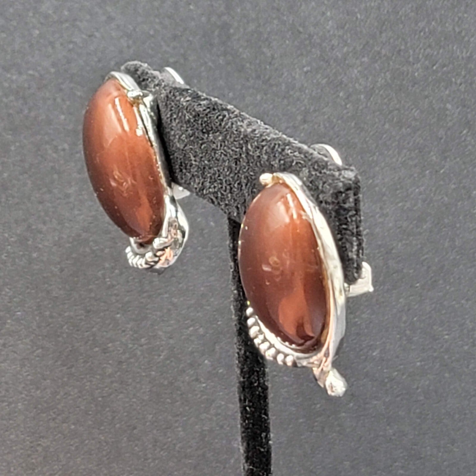 Vintage Clip on Earrings Silver tone Brown Oval Cabochon Acrylic Drop 1 1/8"