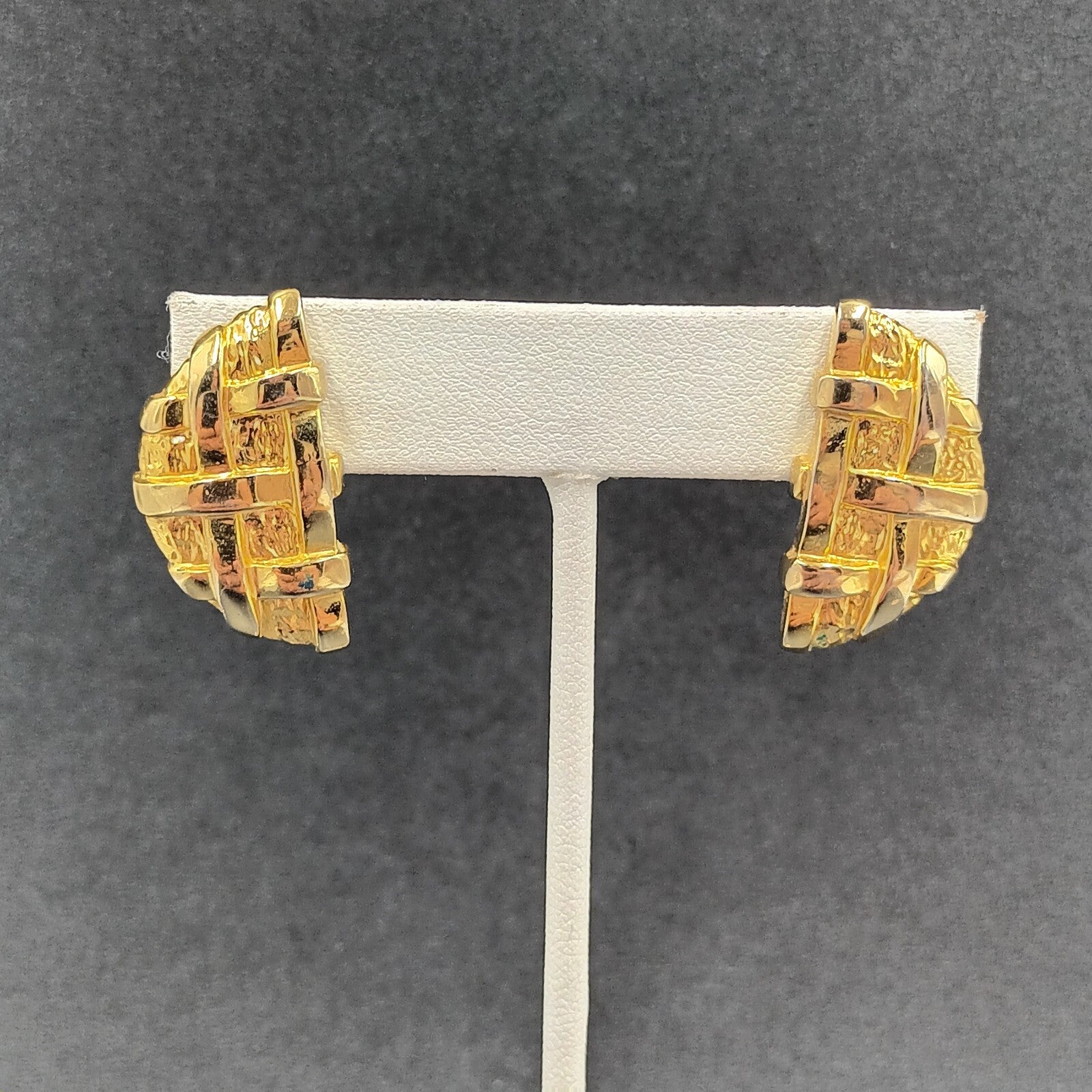 Vintage Pierced Earrings Gold Plate Lattice Textured Half Circle Drop 1 1/8"