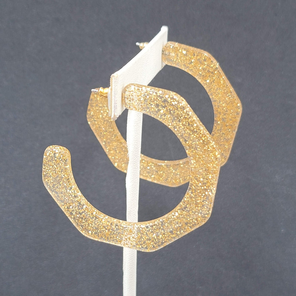 Pierced Earrings Gold Glitter Acrylic Large Hoops Dangle 2"