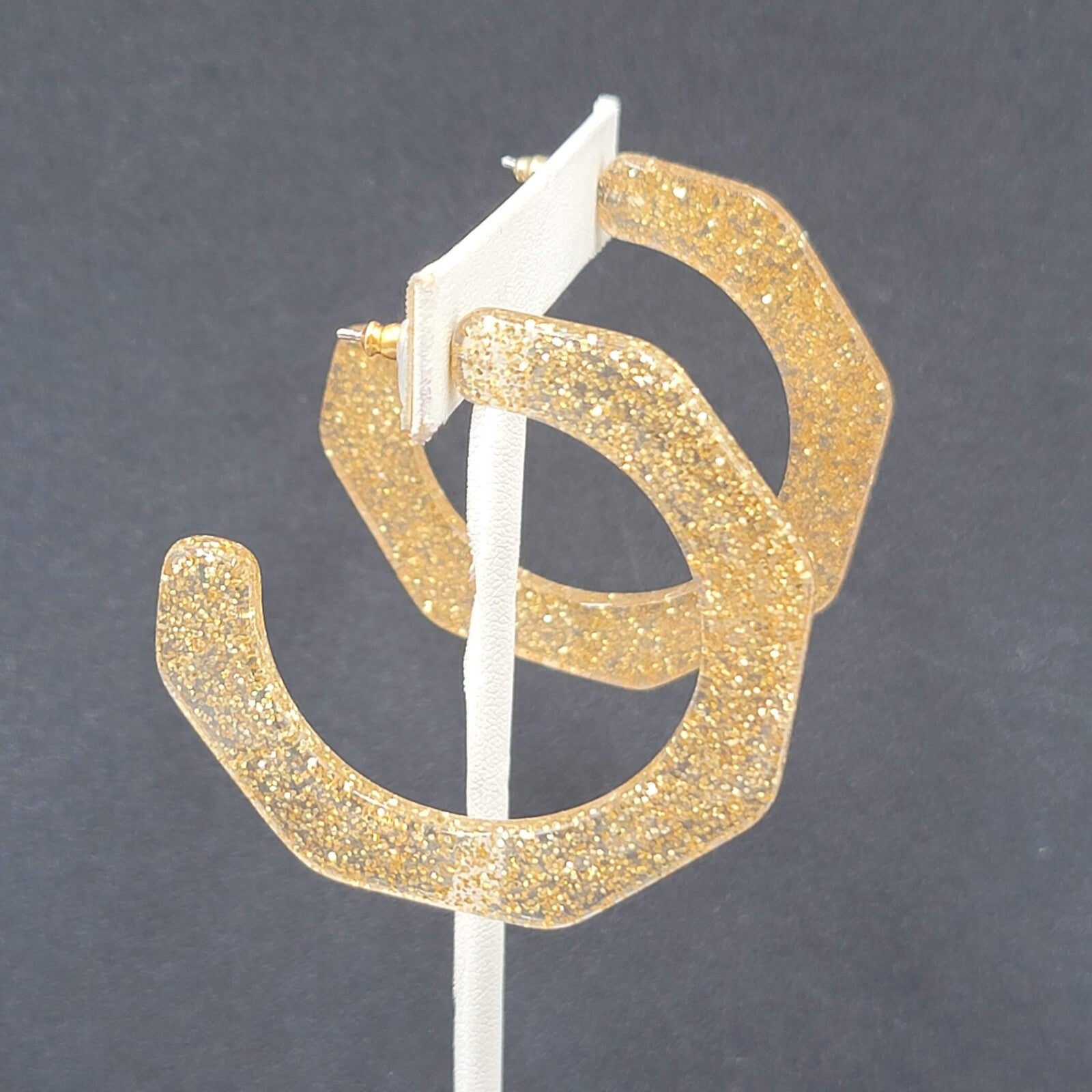 Pierced Earrings Gold Glitter Acrylic Large Hoops Dangle 2"